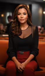 a woman is sitting on a red couch and posing for a picture