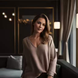 a woman in a room with curtains looking away from the camera
