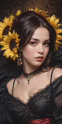 a painting of a woman with a sunflower head piece on her forehead