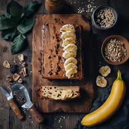 peanut butter, bananas, and granola on top of a cutting board
