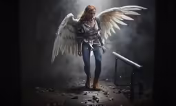 an angel is walking towards the camera on a stage