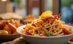 some hot dogs on top of noodles in a bowl