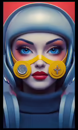 a lady with headphones and eyes covered in coins