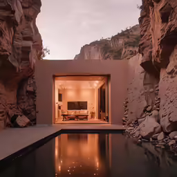 an open air house by the rocks and pool