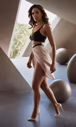 a beautiful young woman in high heels and a black top