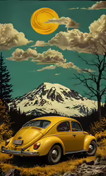 a yellow vw bug in front of a mountain