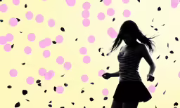 a girl with her head in her hand running away from an area with pink and black dots on a yellow background