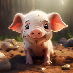 a pig sitting in the sand with eyes wide open,a pig with a small smile and nose is in the dirt