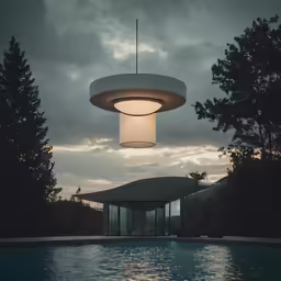 an illuminated lamp at the top of a water feature