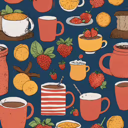 several different cups and dishes of food on a blue background,a background with different types of cups and a fruit pattern