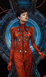 a woman in a futuristic suit, standing next to a door