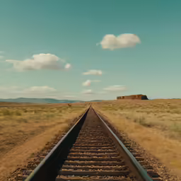 the view of a railroad track running through an empty open field