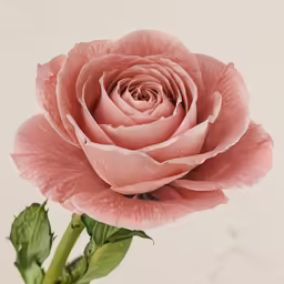 a close up of a pink rose with green leaves