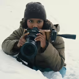 the photographer is taking photos in the snow