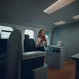 a woman using a cellphone while inside a private jet airliner