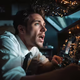 a man in white shirt and tie operating control panel