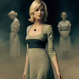 a woman standing in a fog filled room