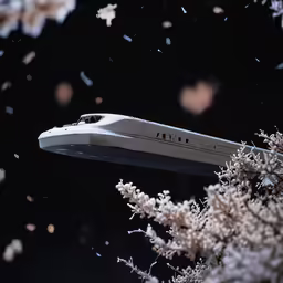 a futuristic train flying over white flowers in the night