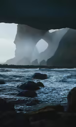a cave in the sea looking down on a ocean