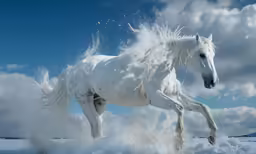 a horse is galloping through the water in the snow