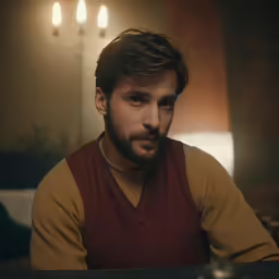 a man looks at the camera in front of three candles