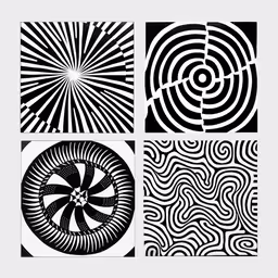 four square black and white prints each with a different size,four geometrics are arranged with each other