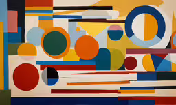 a painting with various colored circles and strips,a painting with many colorful dots and circles