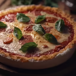 a pizza with tomato, cheese and basil leaves on top