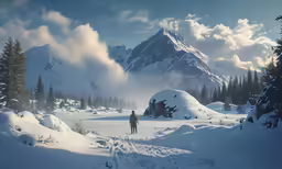 a person standing on a path with mountains in the background