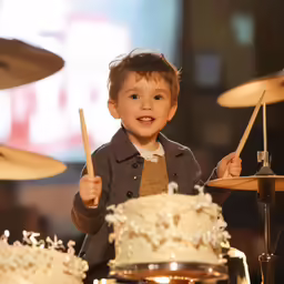 a small boy playing drums while smiling for the camera