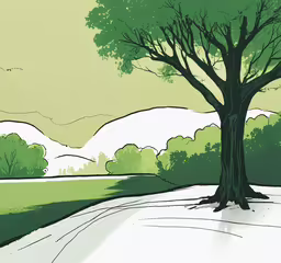 trees are in the background while the street is empty,an image of a stylized drawing of a tree and road