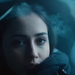 woman in black jacket with smoke coming out of her mouth