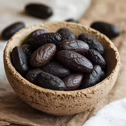 some black beans are in a wooden bowl