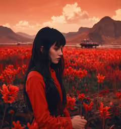 an artistic photograph of a woman with long dark hair in a field of flowers,the girl is standing in the field of red flowers