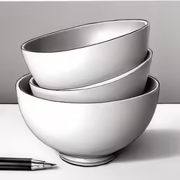 four white bowls sit next to a small pen