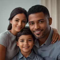 a man with his hands around the shoulders of a smiling boy