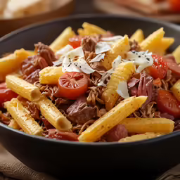 pasta with meat, tomatoes and cheese in a bowl