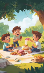 three kids are playing with a birthday cake at a picnic