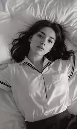 a woman laying on a bed with a white shirt