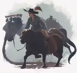 a person on a horse with a bird sitting on it,a woman riding on the back of a brown horse next to two black horses