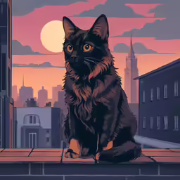 a black cat sits in the middle of a city