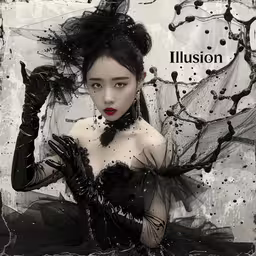 a woman in black and white with her hands up to her head,an image of a woman with a fan