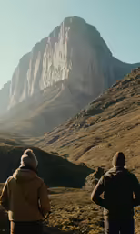 a person is standing with a mountain in the background