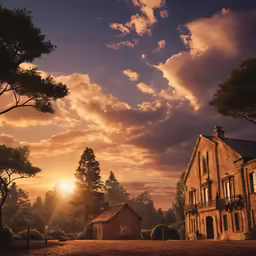 a sunset scene with a house and trees