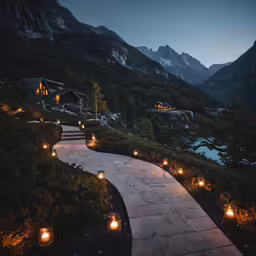 a paved pathway leads through lit up hills to a lodge in the mountains