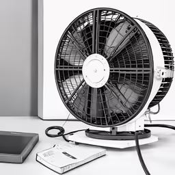 a black and white photograph of a portable fan