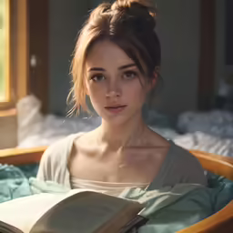 a young lady sits in a wooden tub while holding an open book