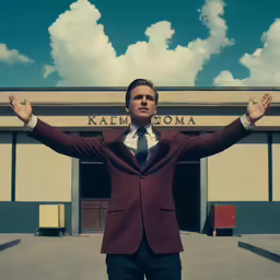 a man standing outside a building in a suit