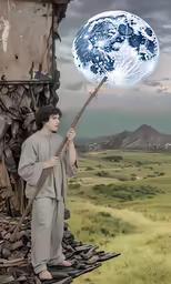 a man holding a stick in front of the earth