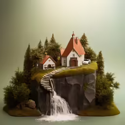 an island with a waterfall that has house on it